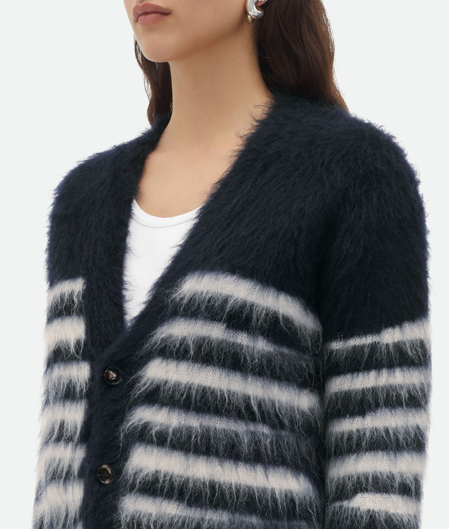 Bottega Veneta o1n1vont0325 Heavy Marinière Mohair Cardigan in Navy/Chalk Size M / US 6-8 / IT 42-44 - 4 Thumbnail