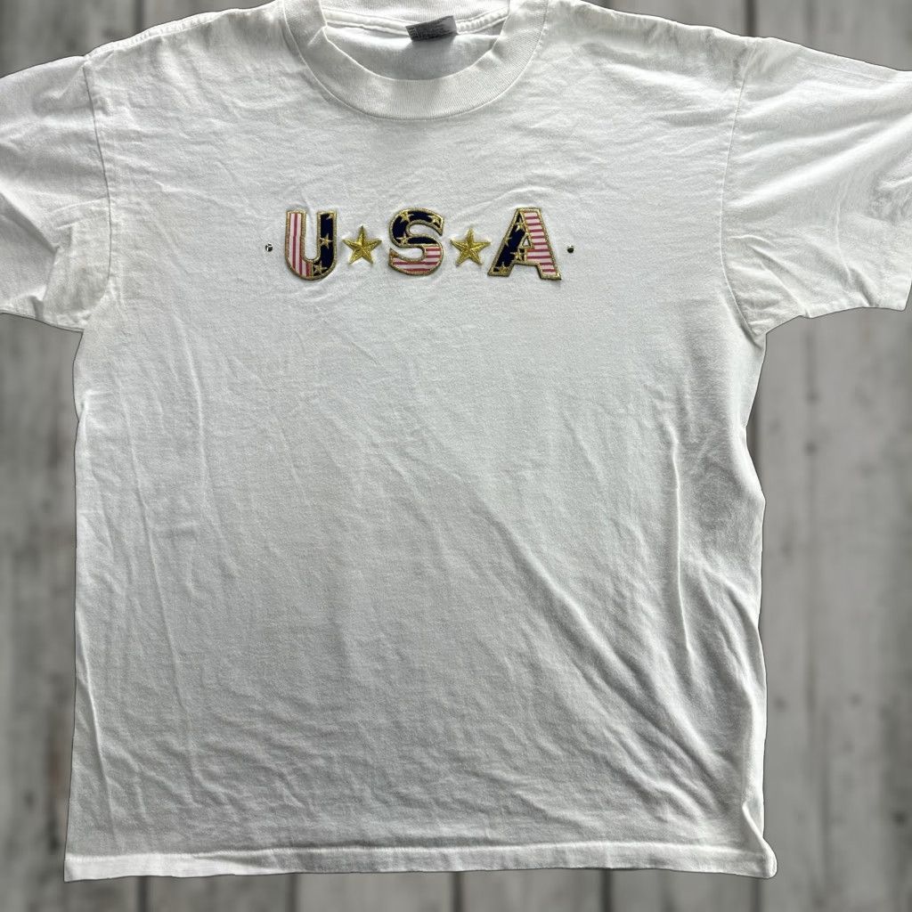 Vintage VINTAGE USA Shirt Mens Large White American Flag Embroidered Patriotic Tee 90s Size US L / EU 52-54 / 3 - 1 Thumbnail