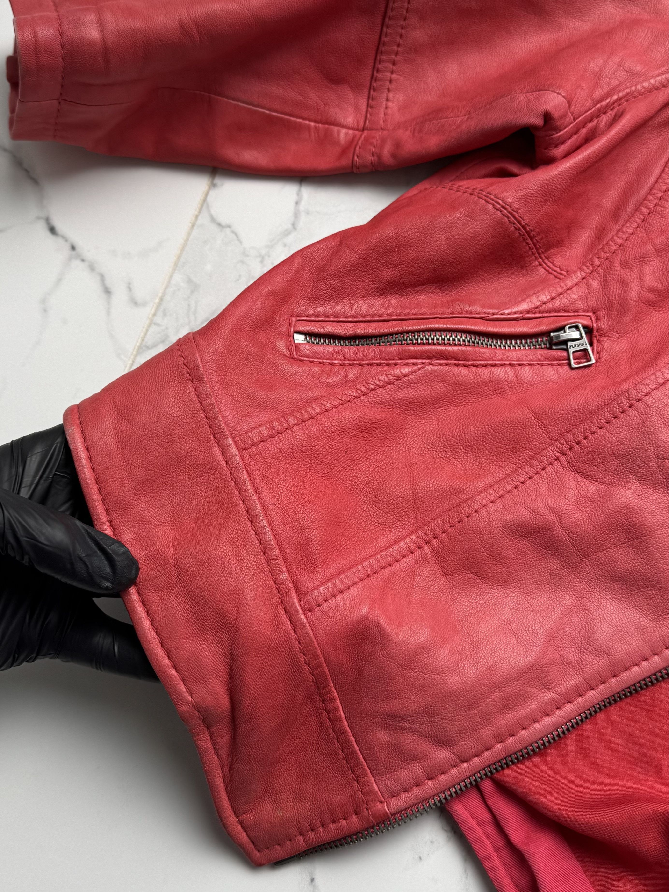 Leather Y2K Red Leather Biker Jacket Cropped Moto Zip Up Slim Fit Size XS / US 0-2 / IT 36-38 - 10 Thumbnail