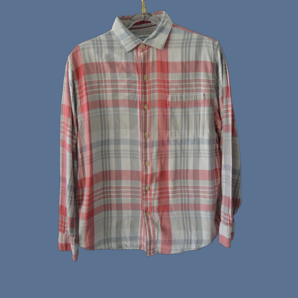 Tommy Bahama Tommy Bahama Shirt Men's Large Flannel Long Sleeve Button-Up Pink Grey Casual Plaid Pocketed Beach 90s Mens Manufactured Folded Crew? Size US L / EU 52-54 / 3 - 1 Thumbnail