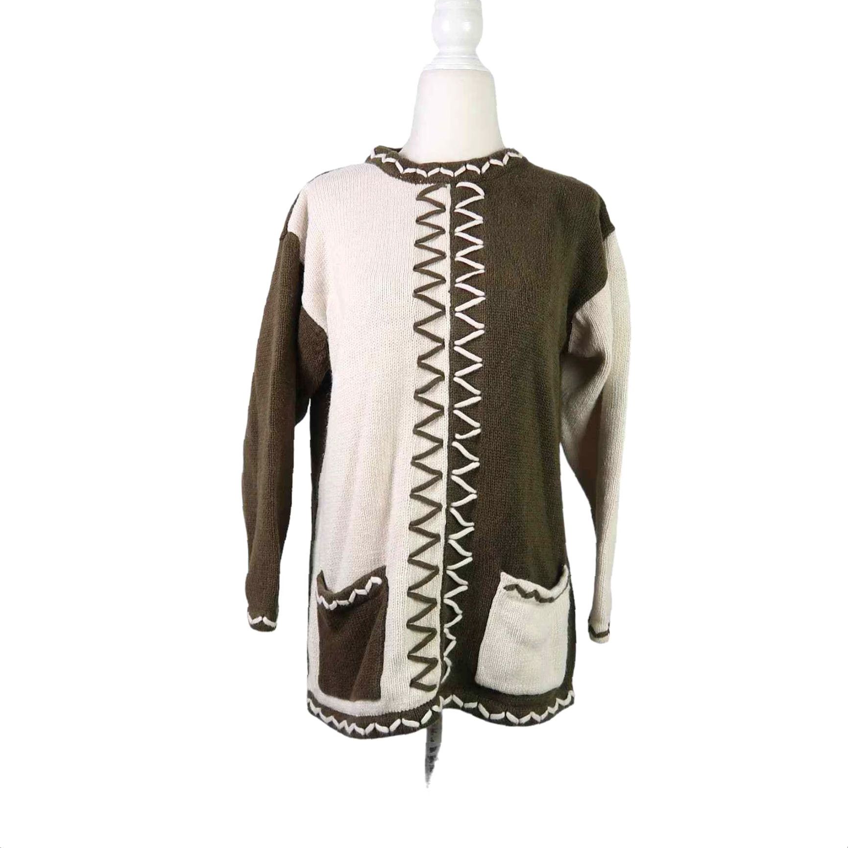 Olive VINTAGE Hunt Club Olive Green Cream Two Tone Knit Sweater S Women Crew Neck Pullover Long Sleeve Cotton Blend 90s Casual 90s Womens Size S / US 4 / IT 40 - 2 Thumbnail