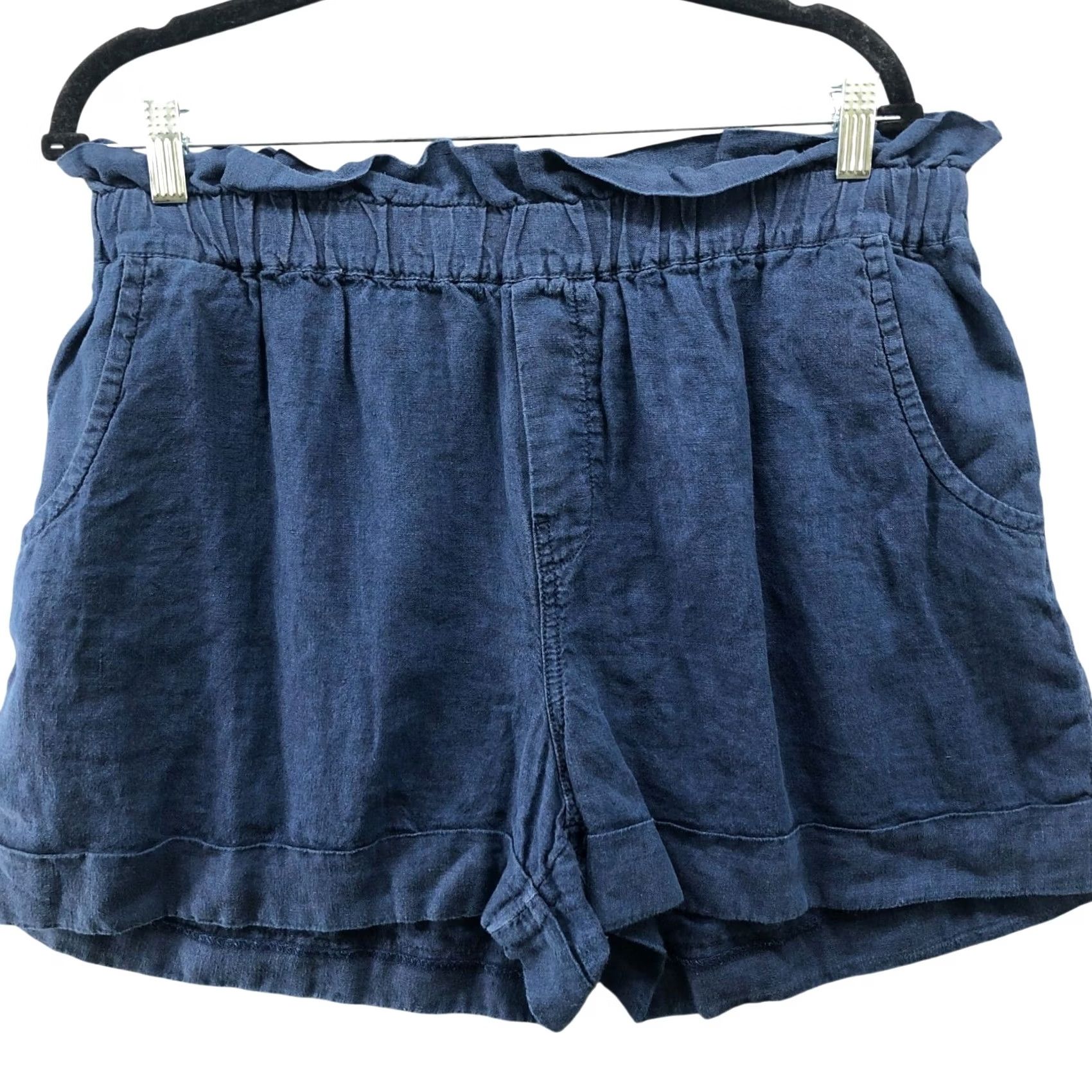 Mango MNG Mango 100% Linen Pull On Shorts Womens XL Blue High Rise Paper Bag Linen Shorts Size 40" / US 18 - 2 Thumbnail