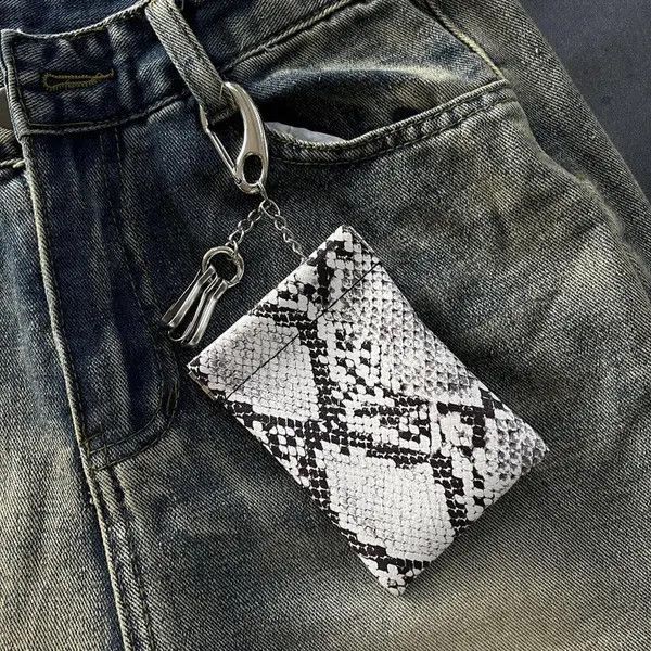 Jewelry Black White Snakeskin Print Keychain Wallet, Compact Wallet Size ONE SIZE - 1 Thumbnail