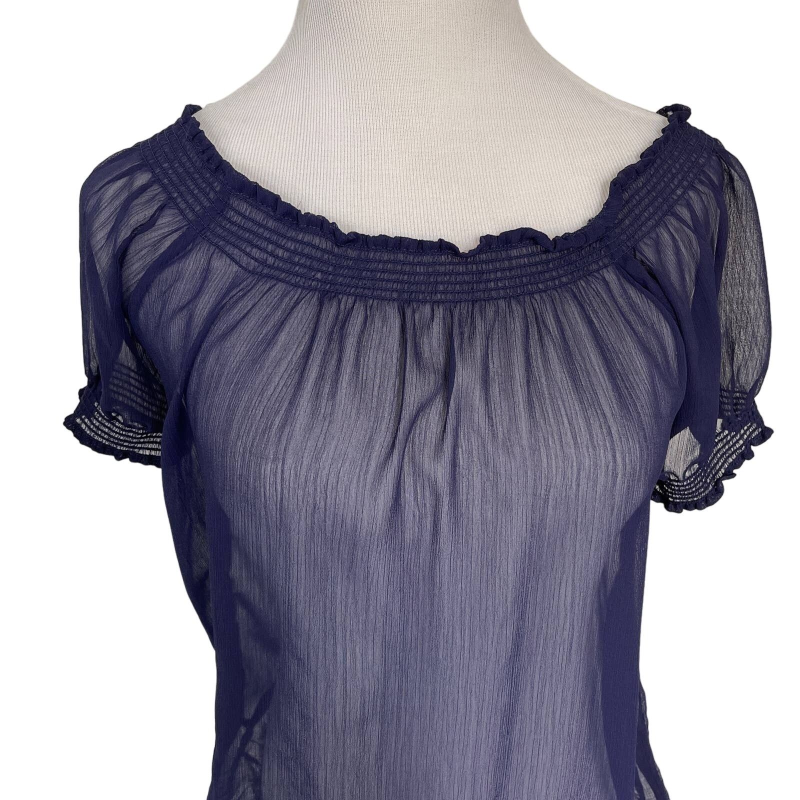 Other Navy Blue Short Sleeve Sheer Blouse Off Shoulder Small Size S / US 4 / IT 40 - 2 Thumbnail
