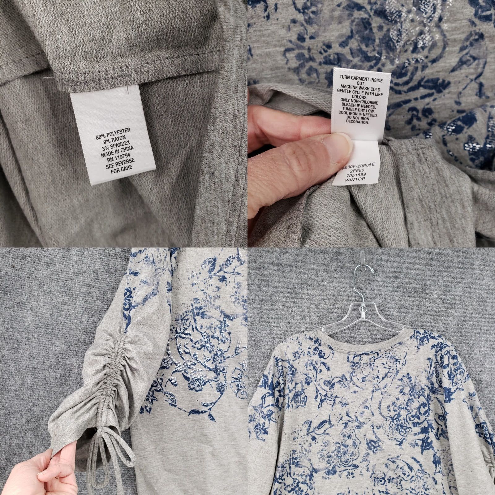 Vintage Sunday Top Womens 2X Plus Gray 3/4 Sleeve Ruched Stretch Pullover Tunic Floral Shirt Blouse Dressy Casual Womens Comfort Knit Satin Size XXL / US 16-18 / IT 52-54 - 8 Thumbnail