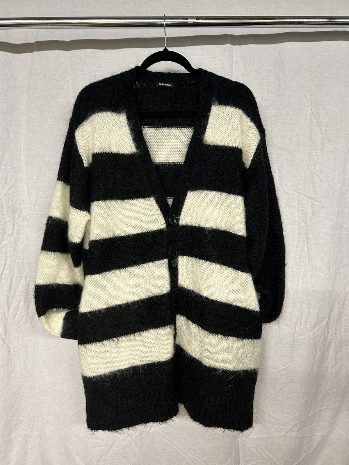 image of Jun Takahashi x Undercover Undercoverism Striped Mohair Button-Up Cardigan Sweater in Black White (