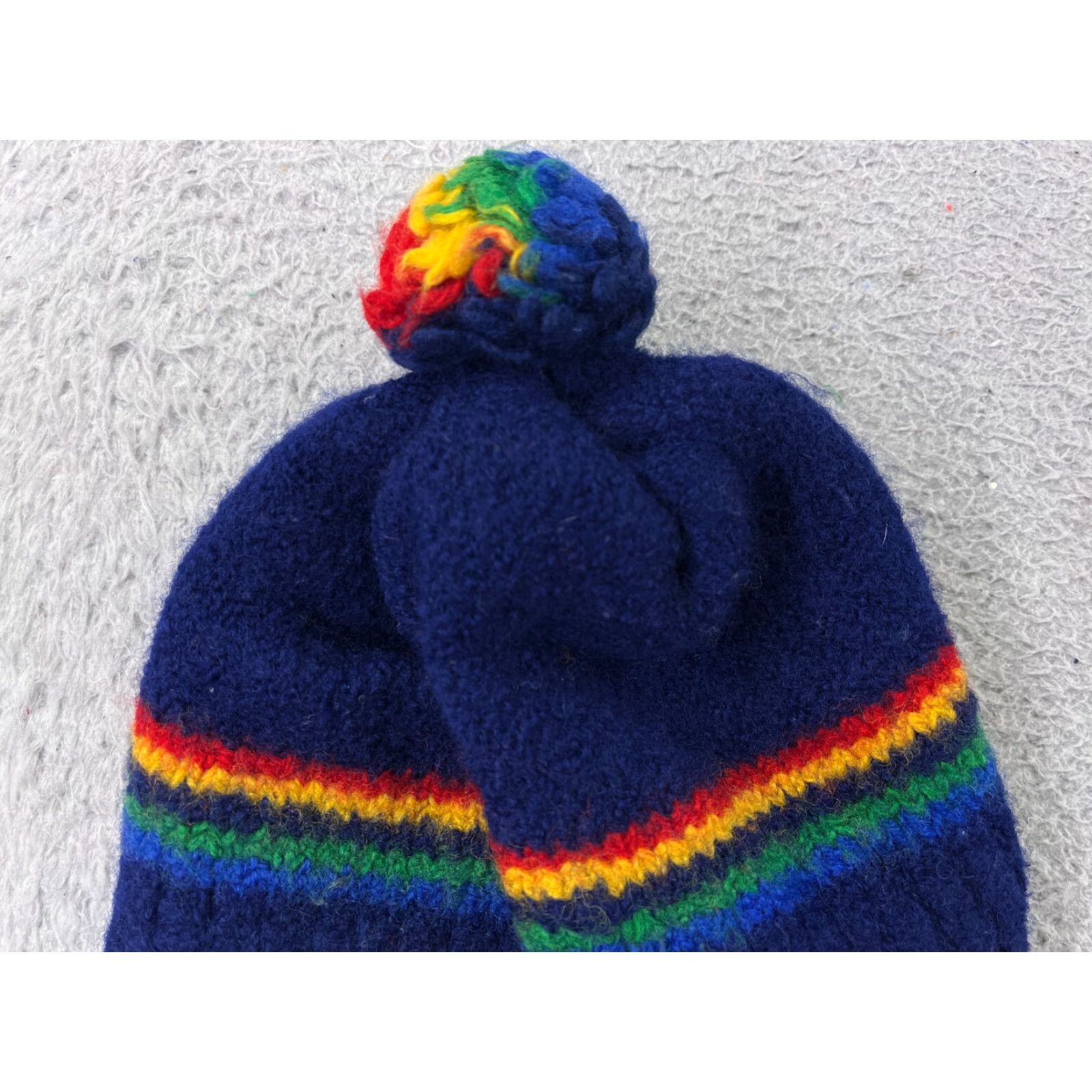 Rainbow VINTAGE Meister Beanie Toque Adult One Size Blue Rainbow Wool Made New Zealand Pom Hat Mens Beanie 90s Ski Size ONE SIZE - 2 Thumbnail