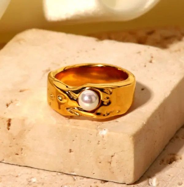 Designer Punk Irregular Melting Float Emboss Gold Pearl Ring Size ONE SIZE - 3 Thumbnail