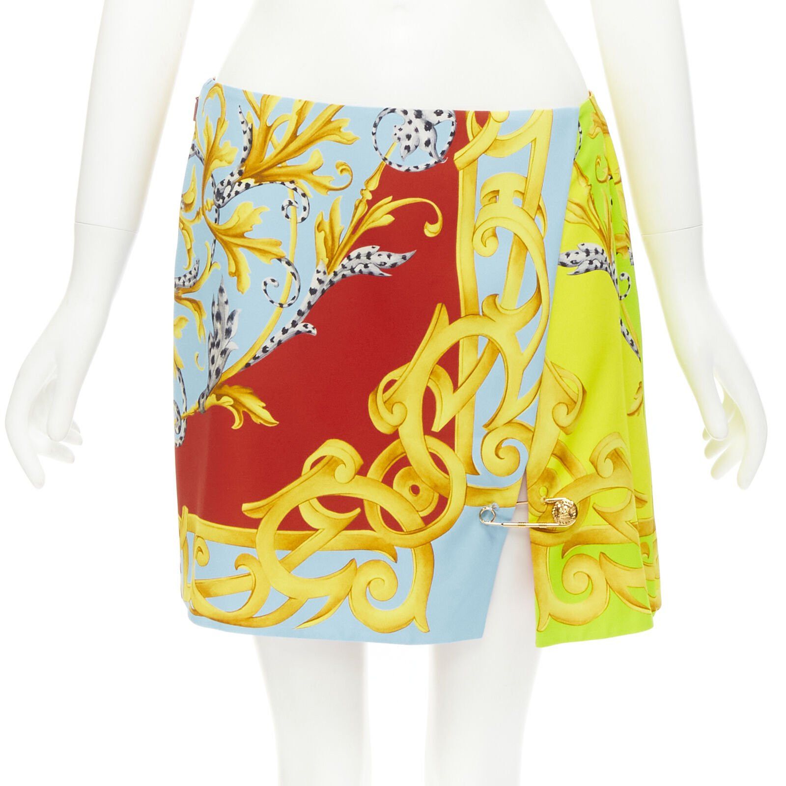 Versace VERSACE Pop Acantus Barocco gold Medusa safety pin slit mini skirt IT40 S Size 27" / US 4 / IT 40 - 1 Thumbnail