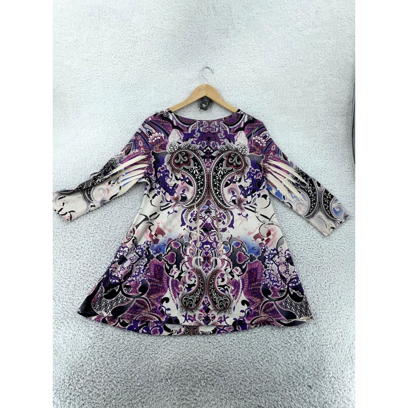 Vintage One World Tunic Top Womens XL Purple Paisley Boho Peasant V Neck Pleated Rhinestone Embellished Casual Long Sleeve Size XL / US 12-14 / IT 48-50 - 3 Thumbnail