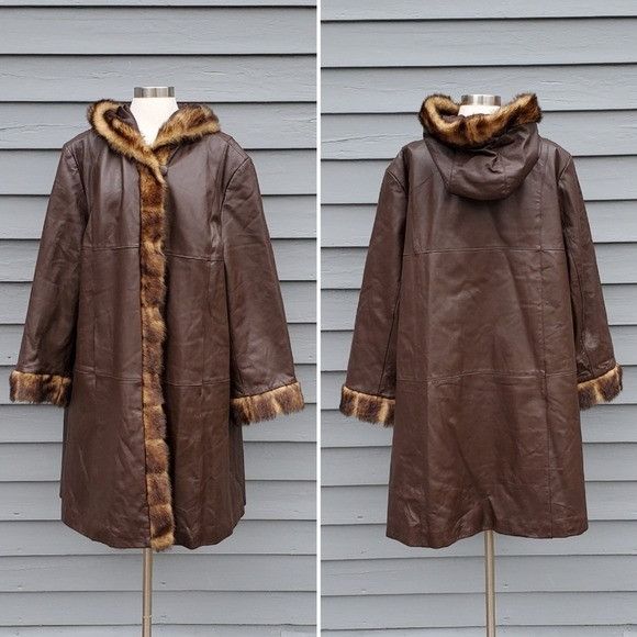 image of Vintage 90's Y2K Brown Leather Faux Fur Trimmed Hooded Coat, Women's (Size 2XL)