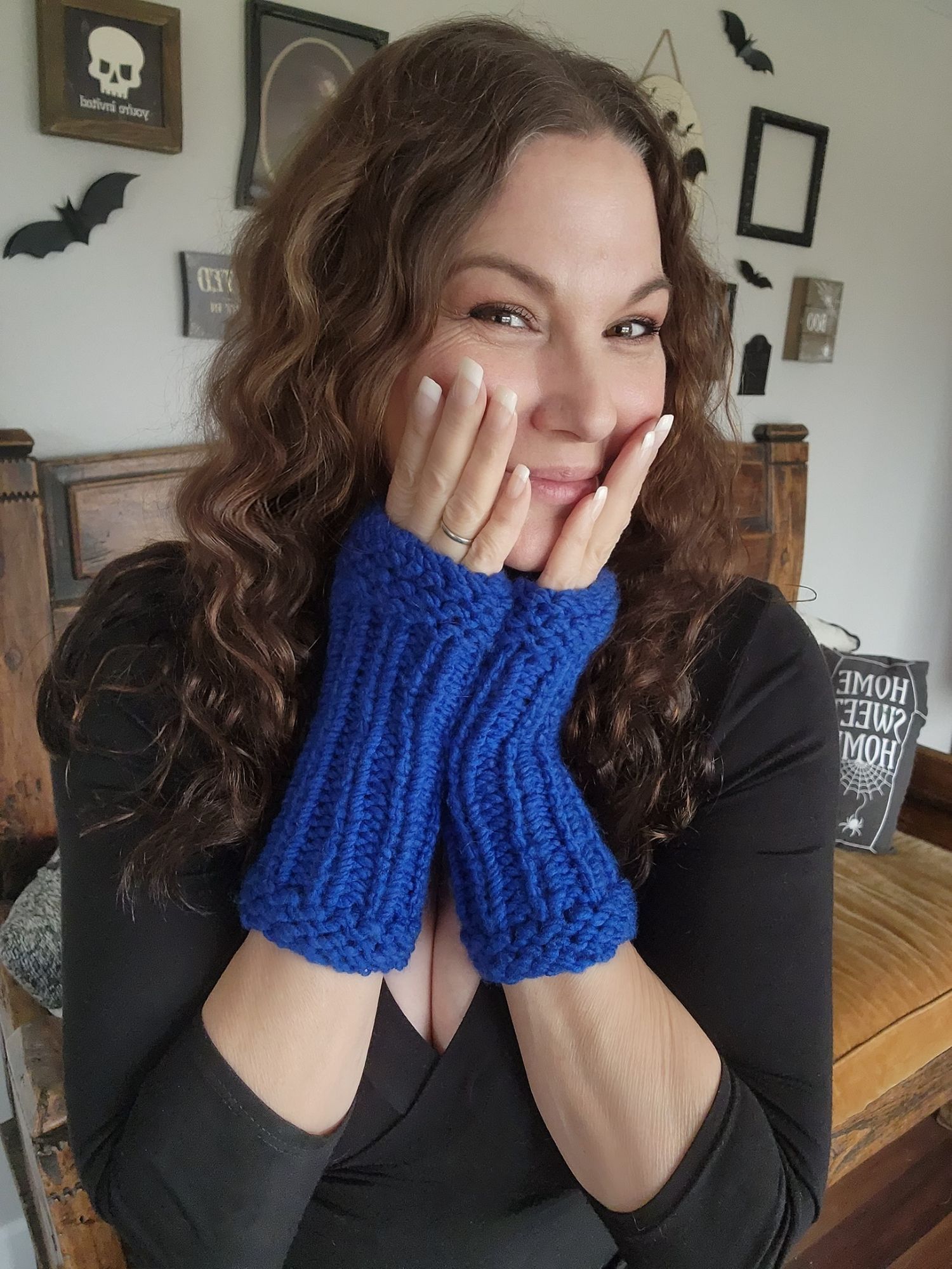 Handmade Hand Knit Fingerless Gloves, Armwarmers in Blue Yarn, Womens Size ONE SIZE - 10 Thumbnail
