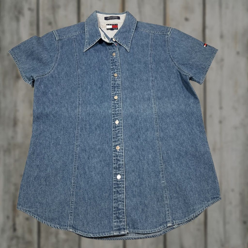 Tommy Hilfiger Tommy Hilfiger Shirt Women 10 Blue Denim Button Up Cap Sleeves Size L / US 10 / IT 46 - 1 Thumbnail
