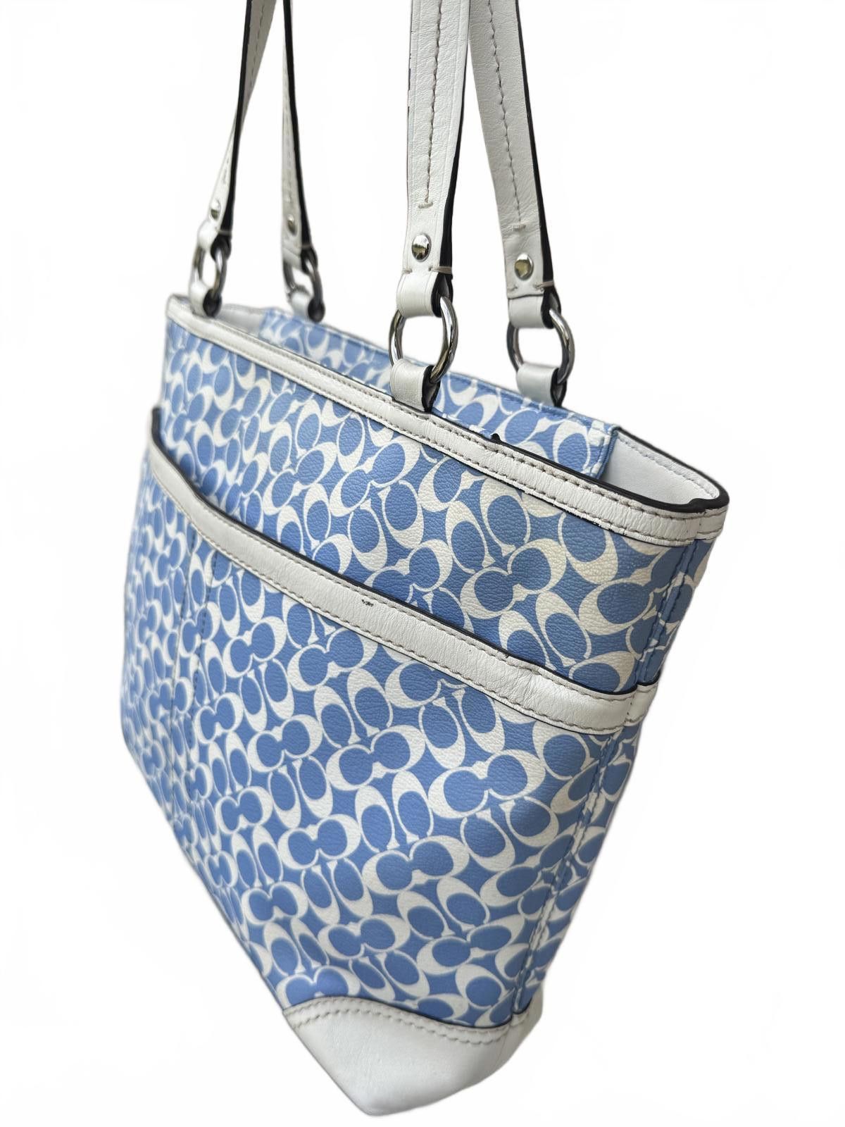 Coach Coach Signature Blue White Tote Bag Jacquard Canvas Leather Size ONE SIZE - 2 Thumbnail