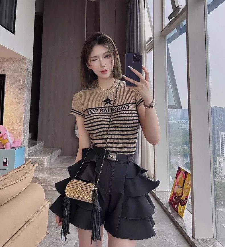 Dior Dior Brown striped logo letter inlaid cotton round-neck sho Size XXS / US 00 / IT 34 - 9 Thumbnail