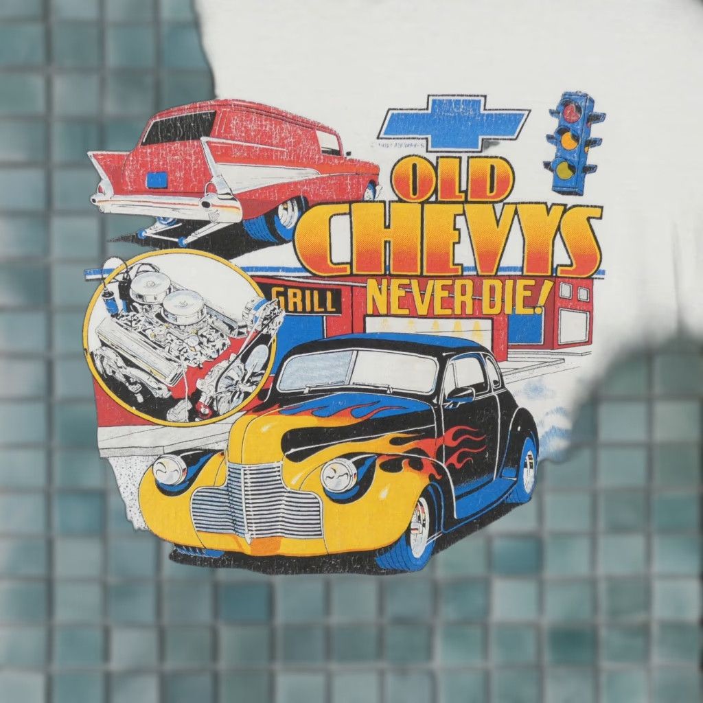 VINTAGE 80s Old Chevys Never Die T-Shirt Mens Medium White Single Stitch USA Brand Stedman Size M Shirt Men's 80s Theme