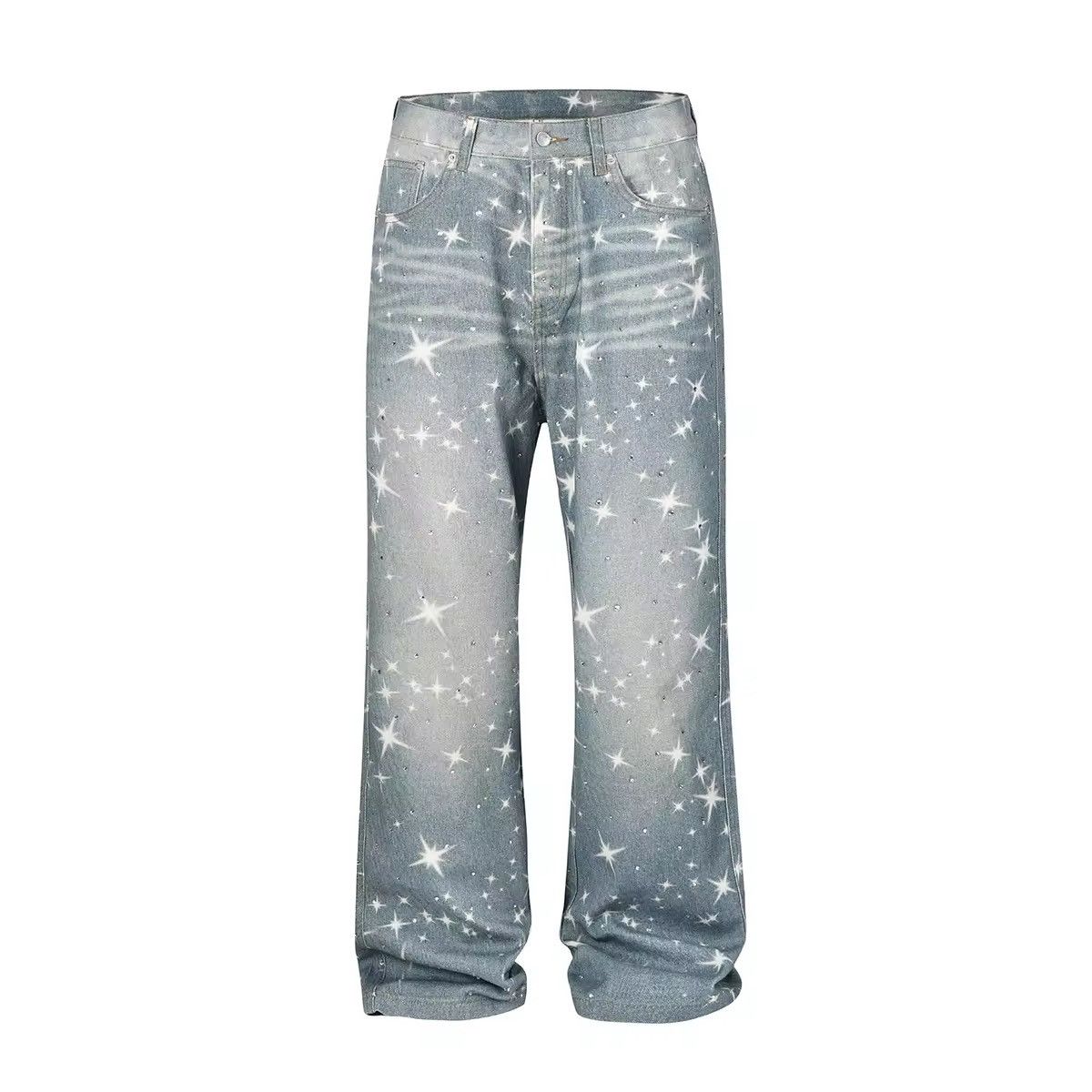 Stars Rhinestone Washed Baggy Printed Jeans