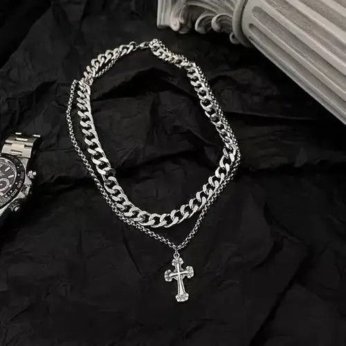 VIBE Double Layer Titanium Steel Cross Pendant Necklace for Men Size ONE SIZE - 2 Thumbnail