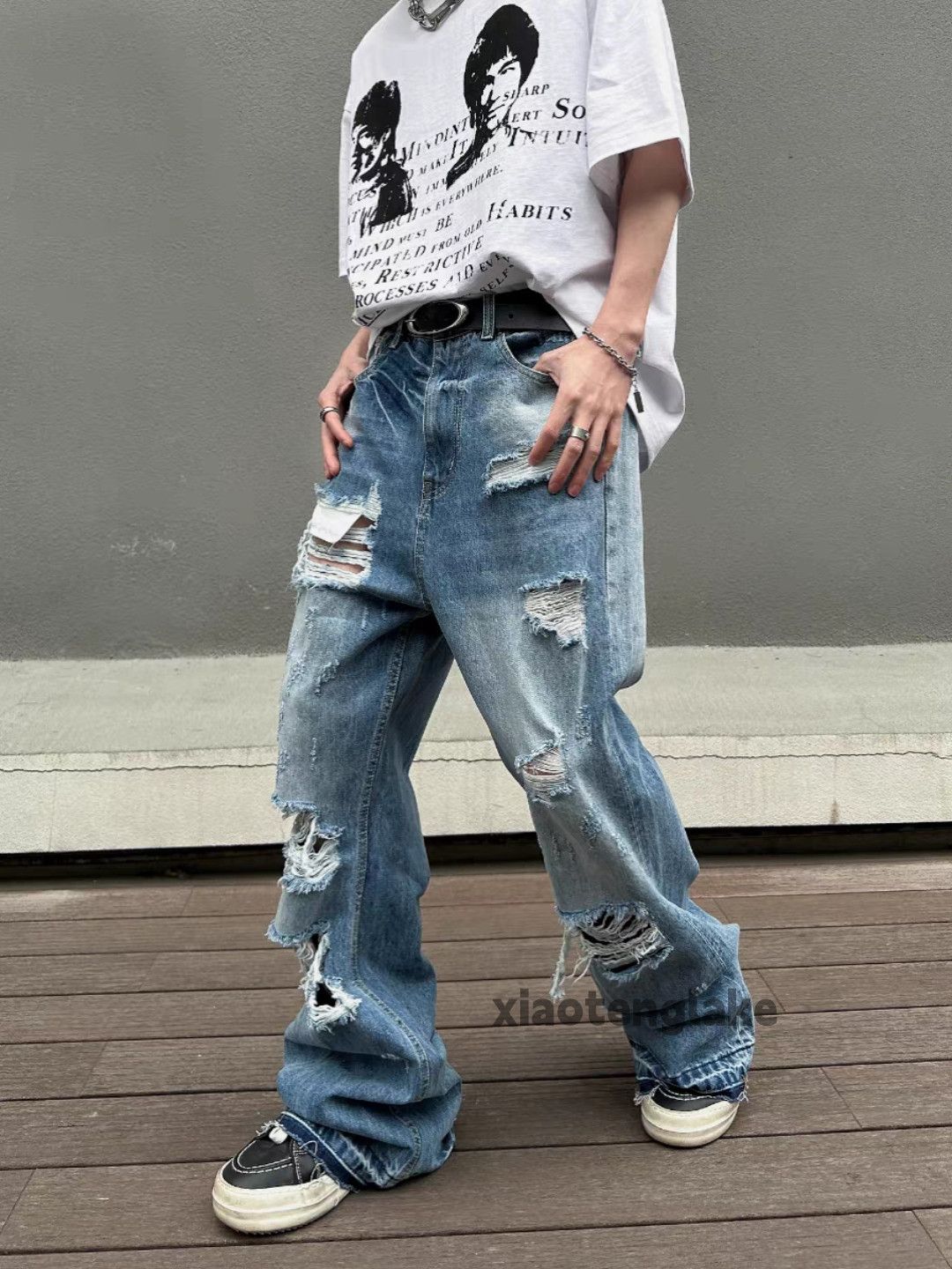 Jean Unisex dance faded punk grunge ripped damaged jeans Size US 34 / EU 50 - 3 Thumbnail