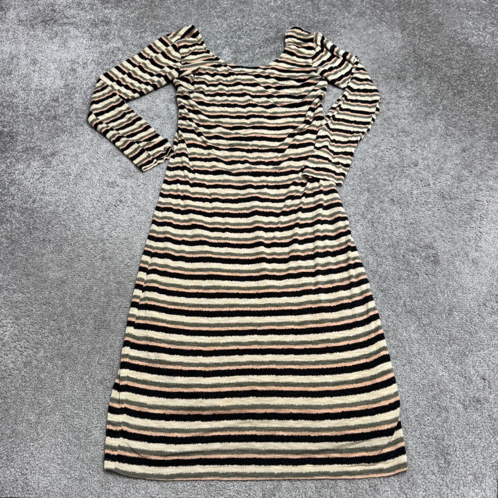 Vintage Dolan Brand Women Dress Shift T-Shirts Long Sleeve Knit Rayon Spandex Brown Striped Left Coast Scoop Neck Midi Dress Small White? Wait no. Size S / US 4 / IT 40 - 2 Thumbnail