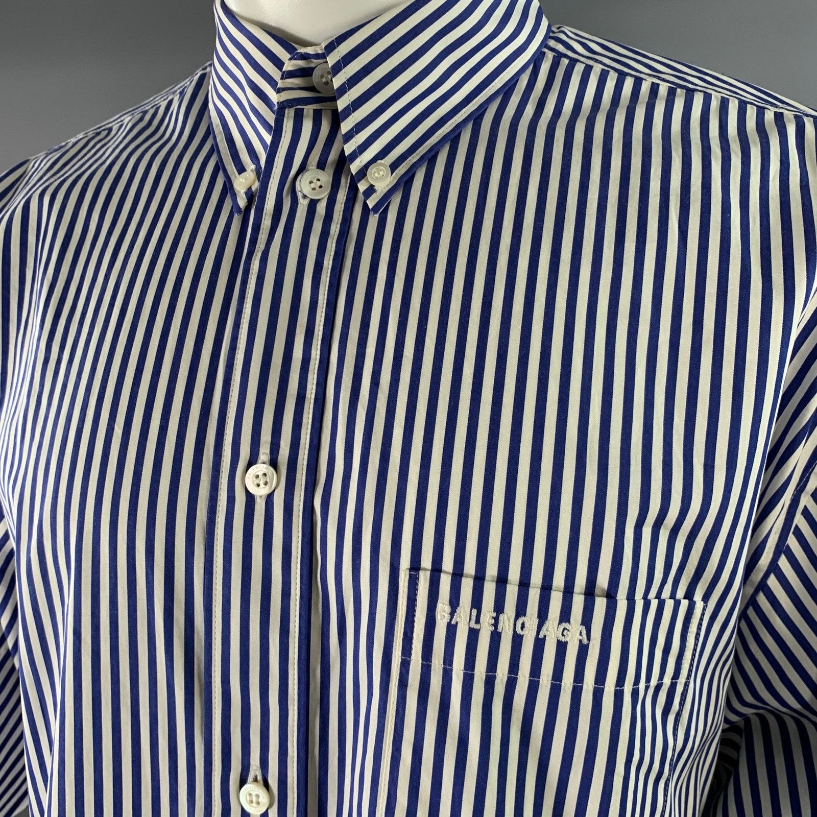 Balenciaga XXS Blue White Stripe Button Down Asymmetrical Shirt Size US XXS / EU 40 - 2 Thumbnail