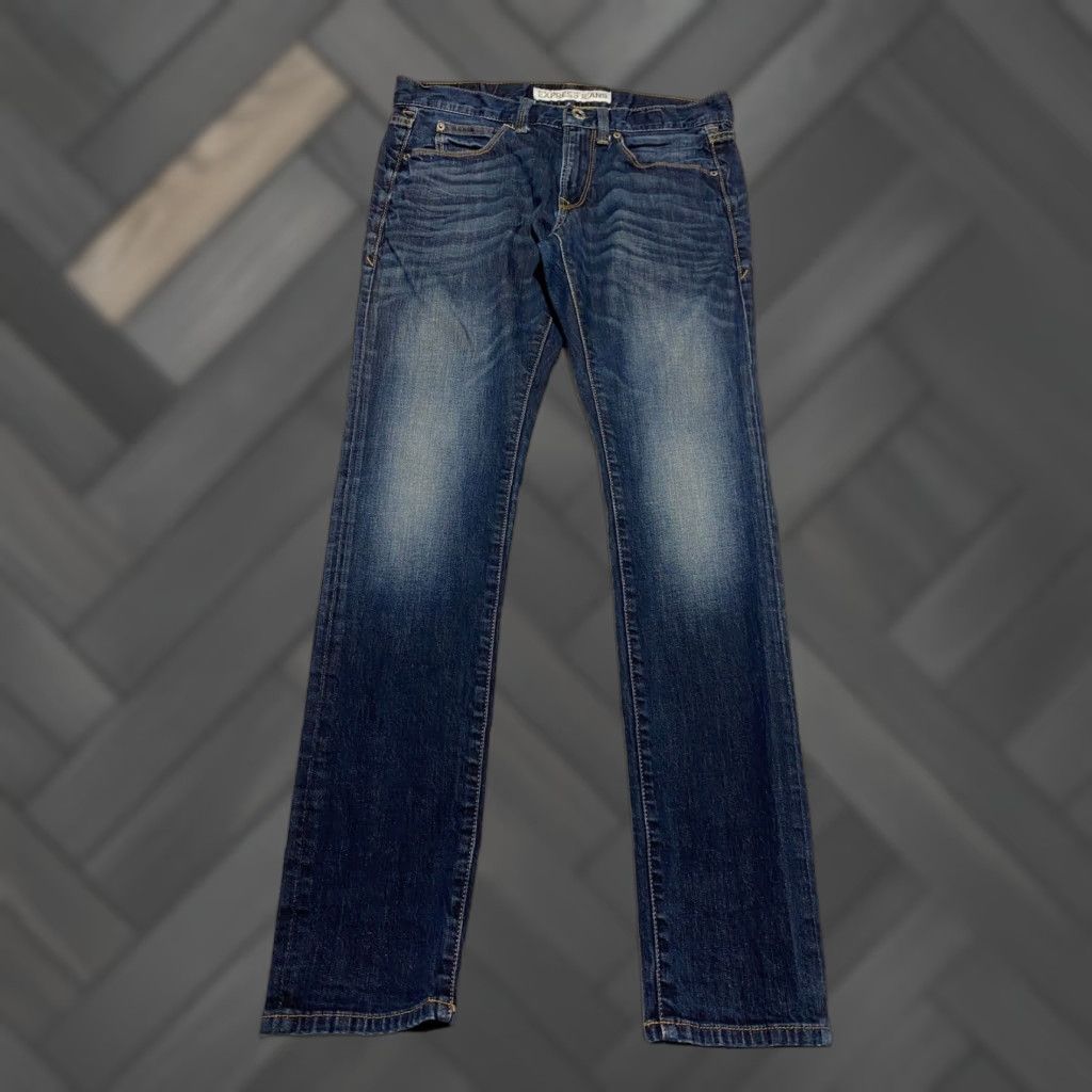 Express VINTAGE is not applicable; use Express Alec Jeans Skinny Men 28x30 Blue Denim Dark Wash Stretch 5-Pocket City Modern Fashion Jeans Mens Size US 28 / EU 44 - 1 Thumbnail