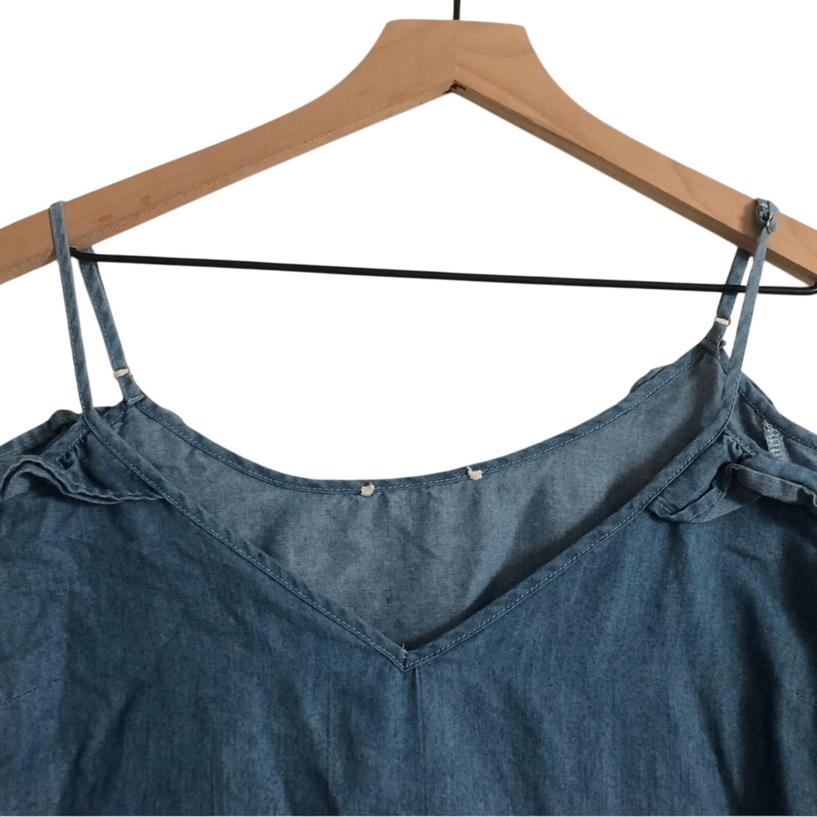 Anthropologie Blue Chambray Soft Denim Cold Shoulder Ruffle Blouse Top Size S / US 4 / IT 40 - 3 Thumbnail