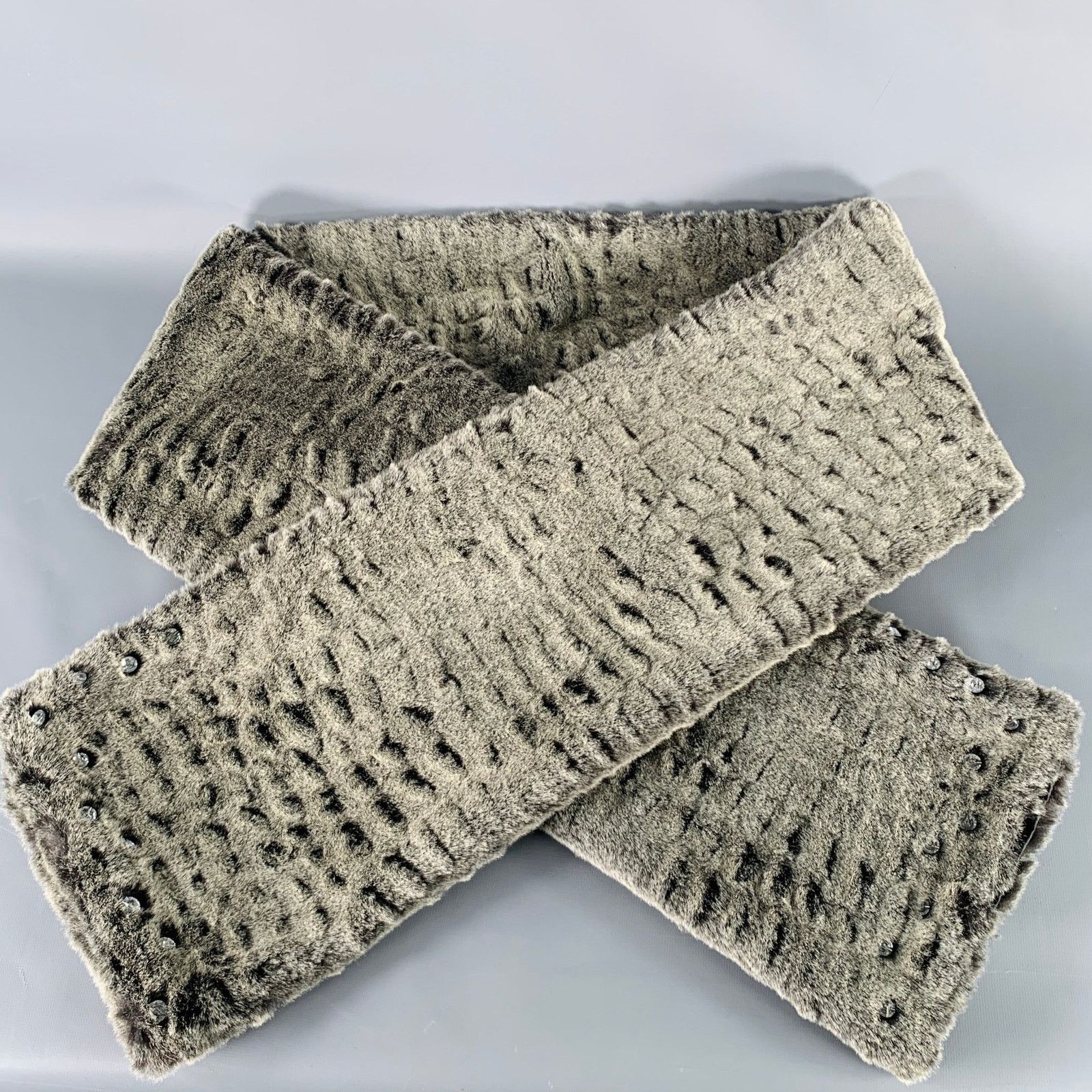 Vintage VINTAGE Grey Black Textured Faux Fur Rhinestone Scarf Size ONE SIZE - 1 Thumbnail