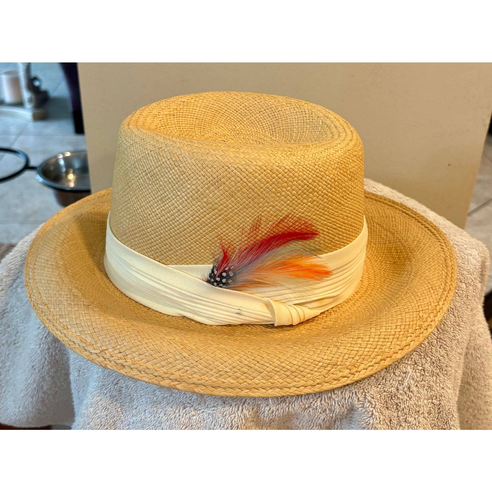 Vintage Vintage Styled By Coralie Straw Hat Feather Gambler Fedora Size ONE SIZE - 7 Thumbnail