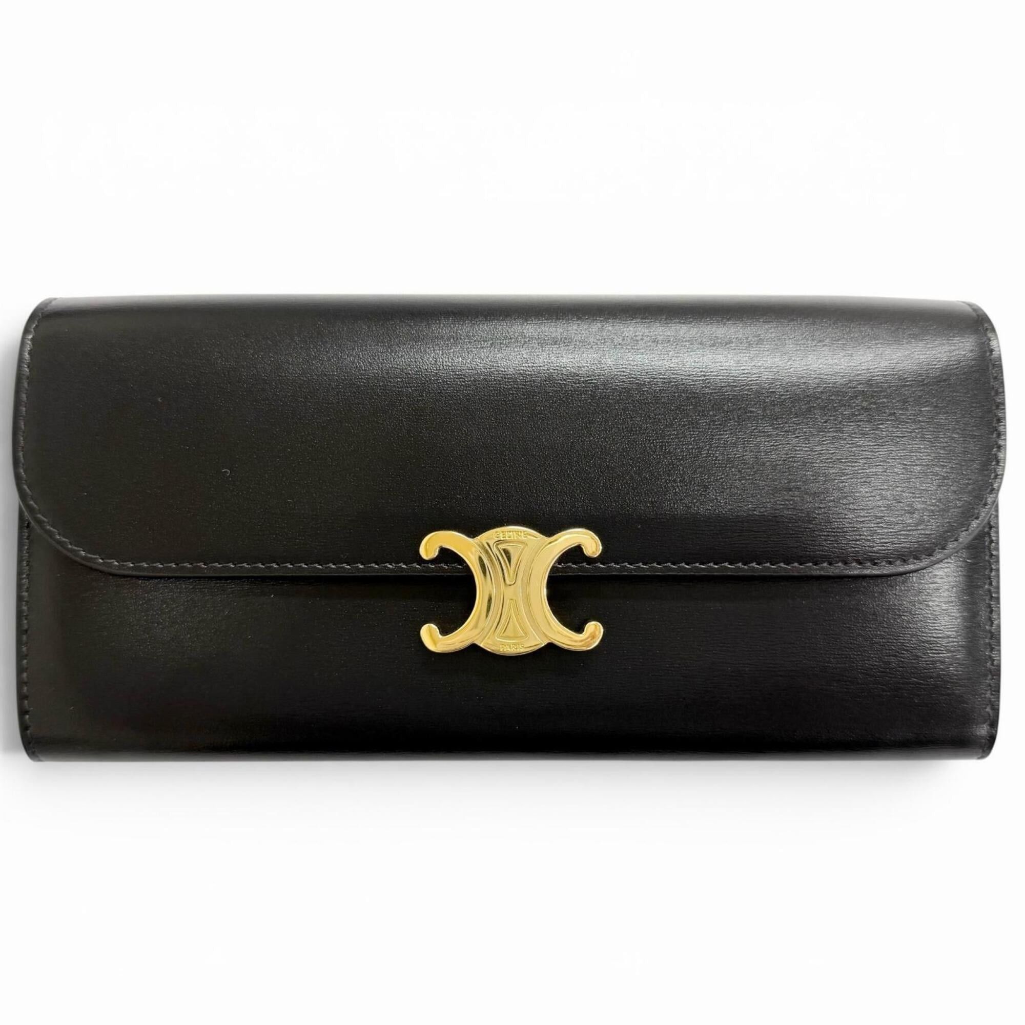 Celine CELINE 10E313DPV Shiny Calfskin Triomphe Flap Large Wallet, Bi-fold Long Black with Gold Hardware, Made in Italy, Women's, Comes Box and Dust Bag. Size ONE SIZE - 1 Thumbnail