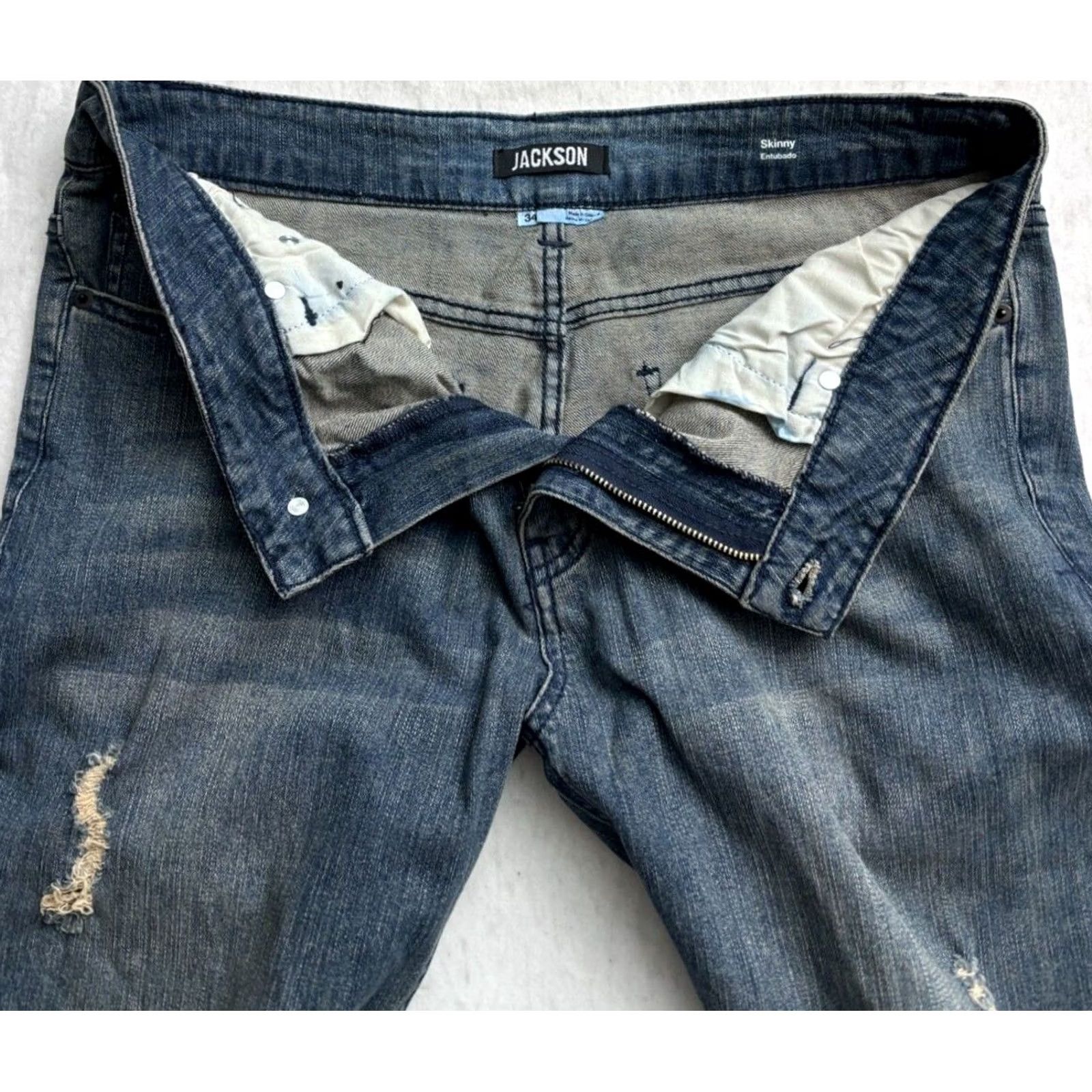 Denime VINTAGE Jackson Jeans Skinny Blue Denim Distressed Destroyed Wash Zip Button Mens 34x32 Size US 34 / EU 50 - 2 Thumbnail