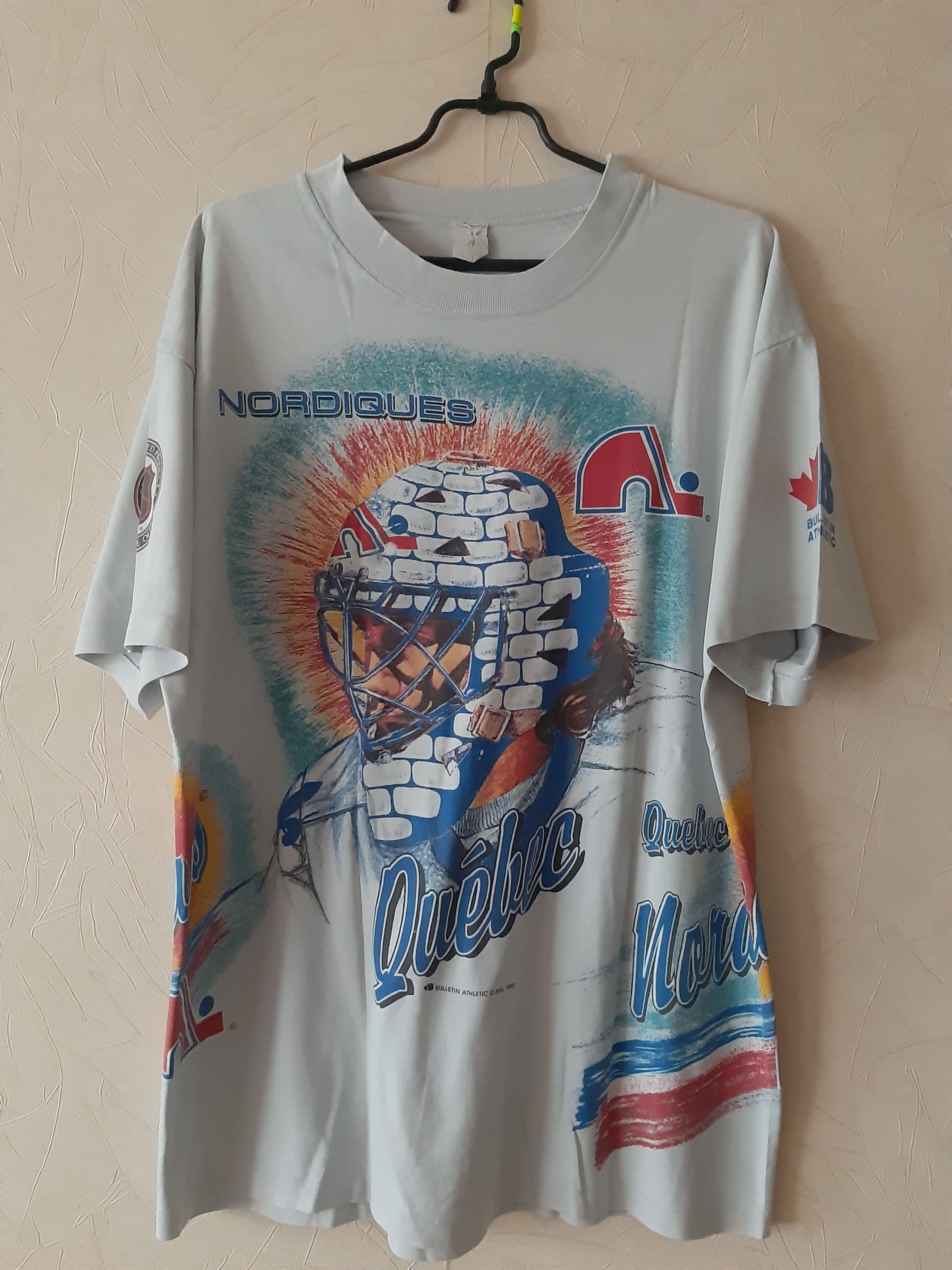 image of Vintage Quebec Nordiques Nhl 1993 Over Print T-Shirt in Grey, Men's (Size XL)