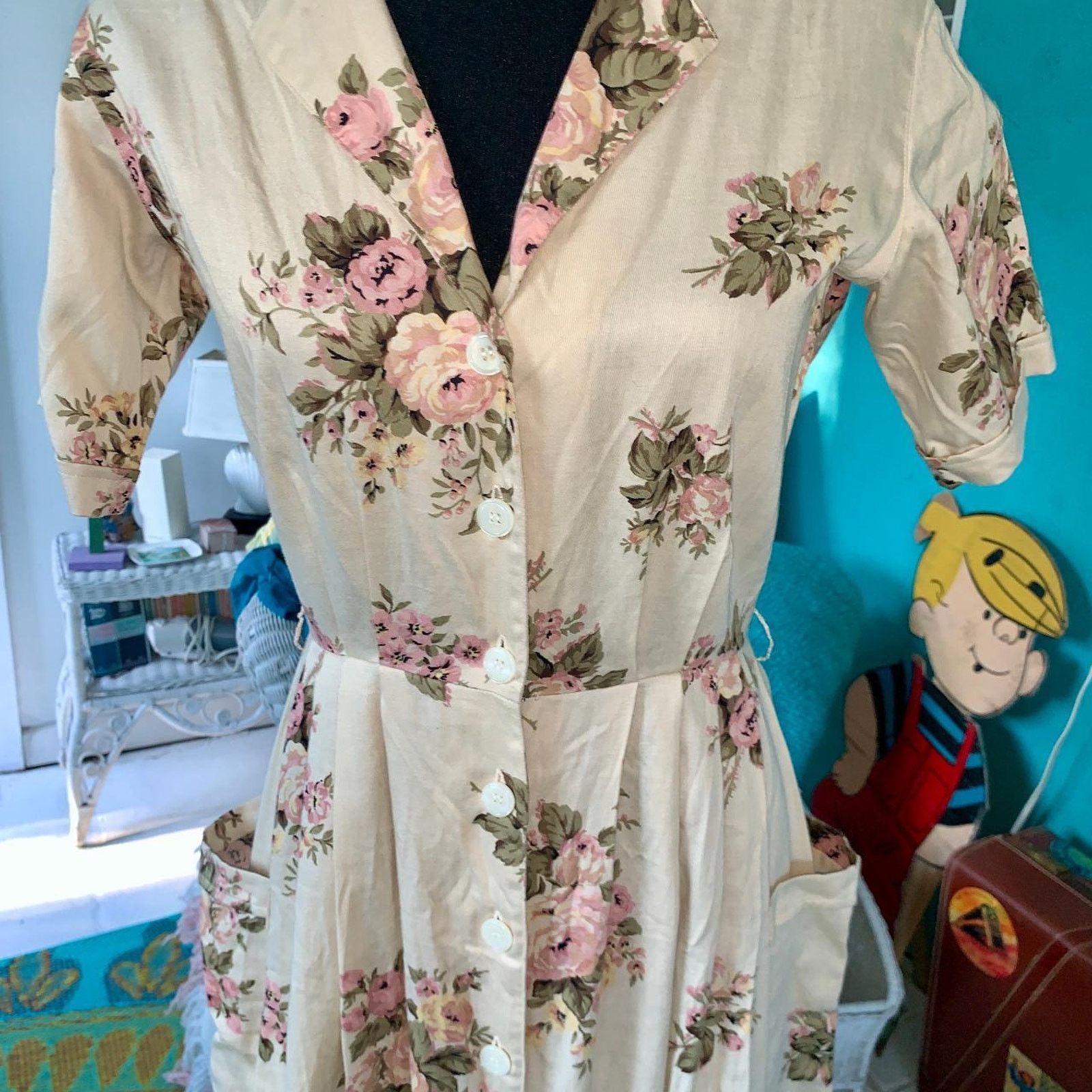 Other VINTAGE 80s BRITISH KHAKI ROBERT LIGHTON FLORAL TEA DRESS Size S / US 4 / IT 40 - 7 Thumbnail