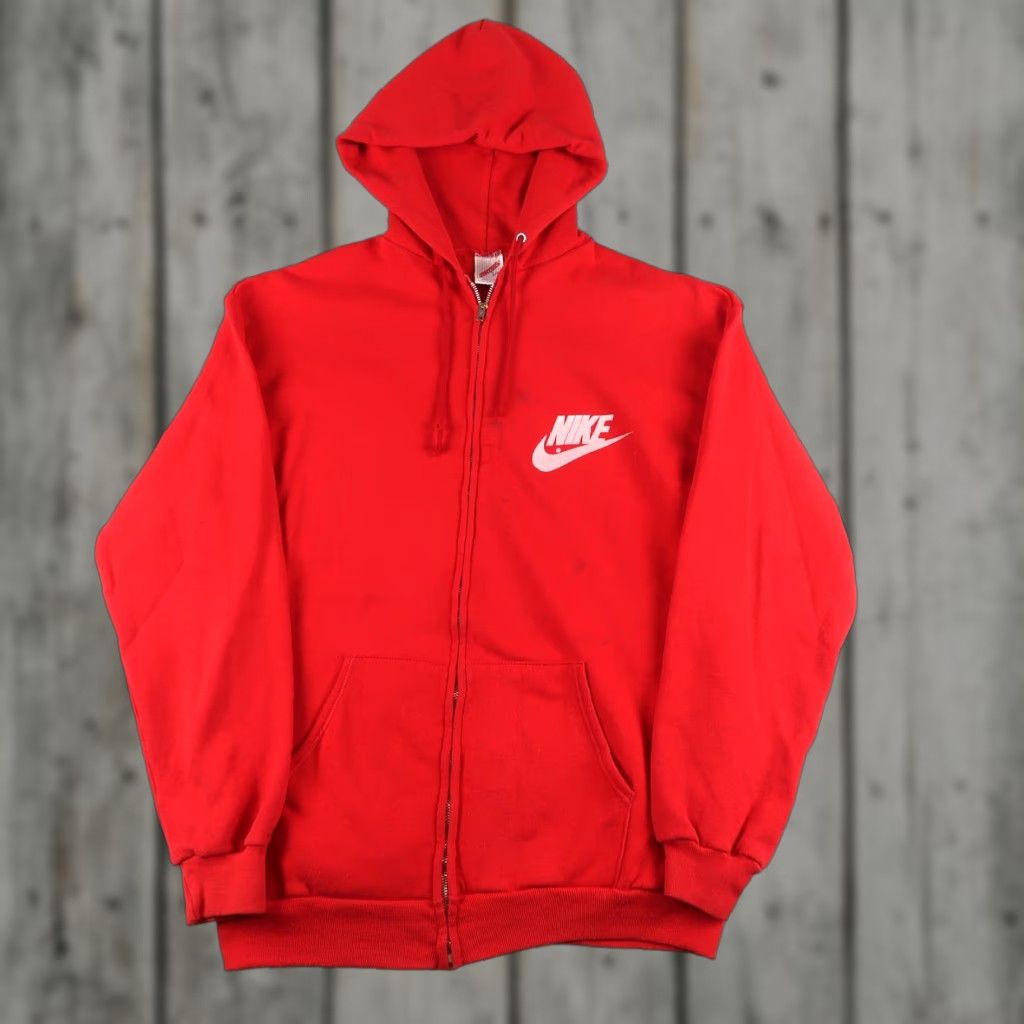 VINTAGE Nike Red Hoodie 80s 90s Zip Up Full Zip Hooded Sweatshirt L Men Regular Size USA Made In USA