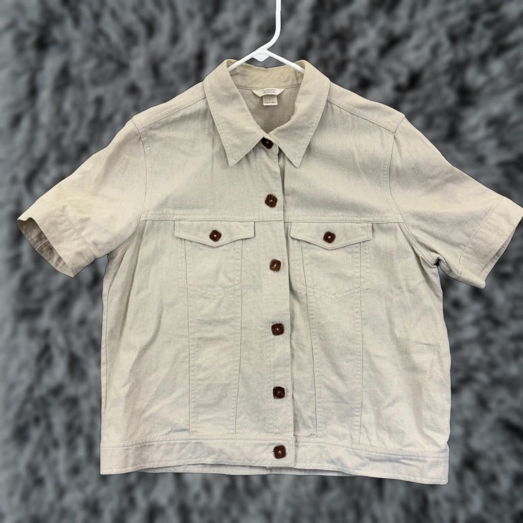 Vintage Christopher & Banks Shirt Womens Large Beige Linen Button Up Pockets Boho Loose Size L / US 10 / IT 46 - 1 Thumbnail
