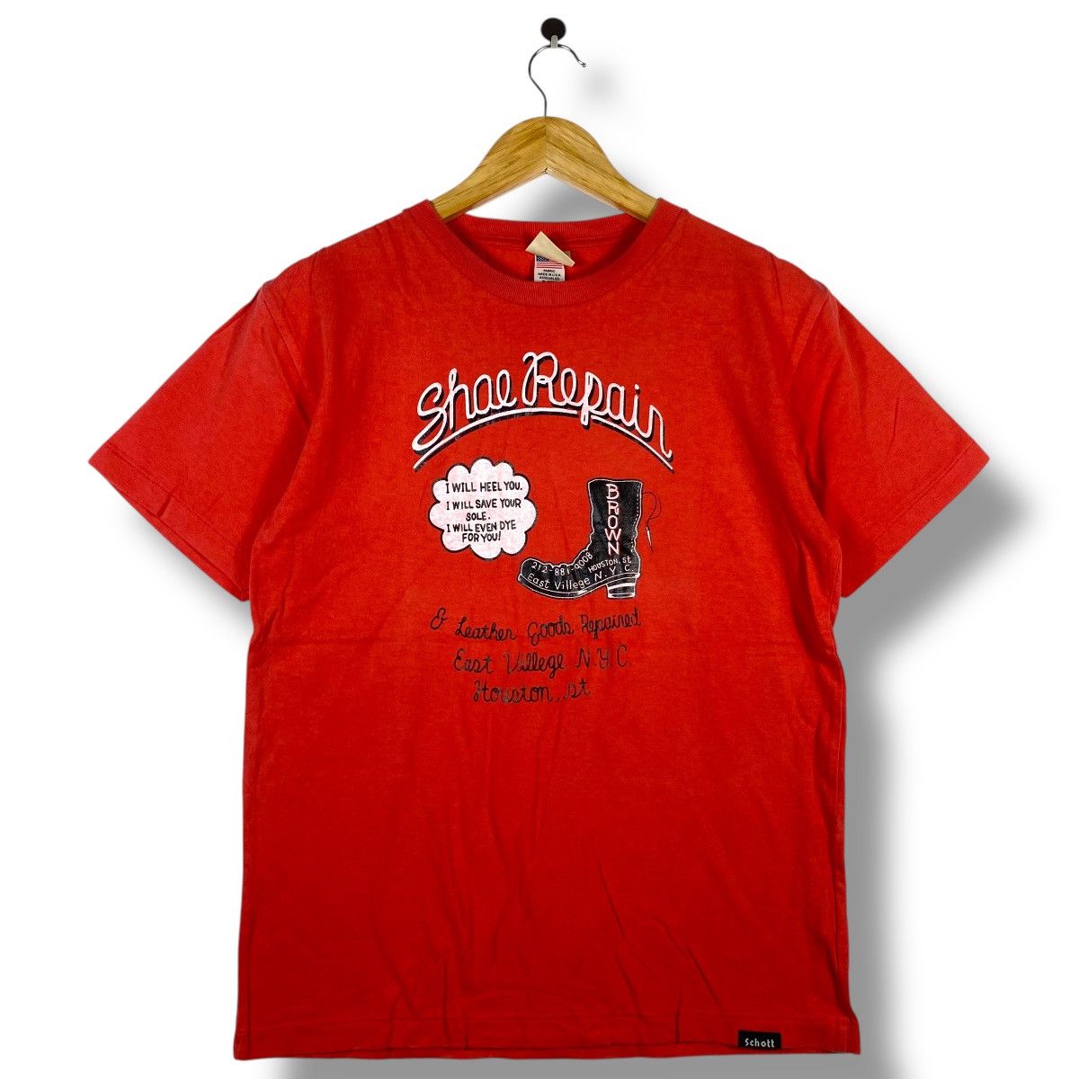Schott Vintage 90's SCHOTT Brown Shoe Repair Shop Graphic Tee Shirt Size US M / EU 48-50 / 2 - 1 Thumbnail