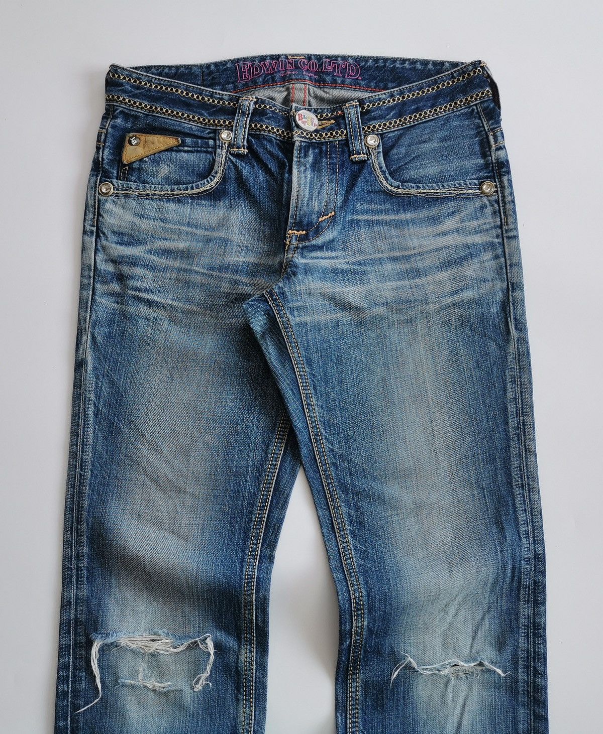 Edwin Edwin Blue Trip Leather Trim Distressed Jeans Size 29" - 4 Thumbnail