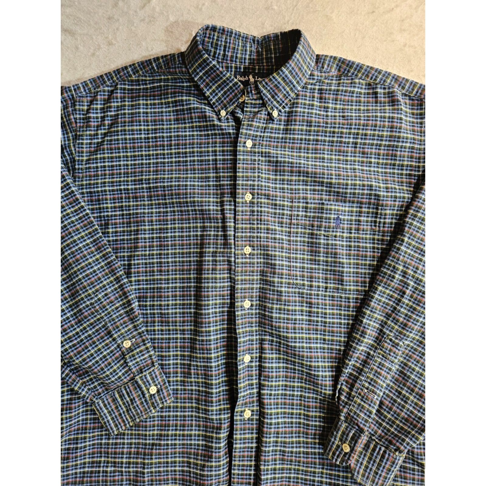 Ralph Lauren VINTAGE Ralph Lauren Big Shirt Button-Up Plaid Check Pony Logo Mens Size XL Blue Button-Down Collar 90s Classic, 100% Cotton, Regular Fit Size US XL / EU 56 / 4 - 3 Thumbnail