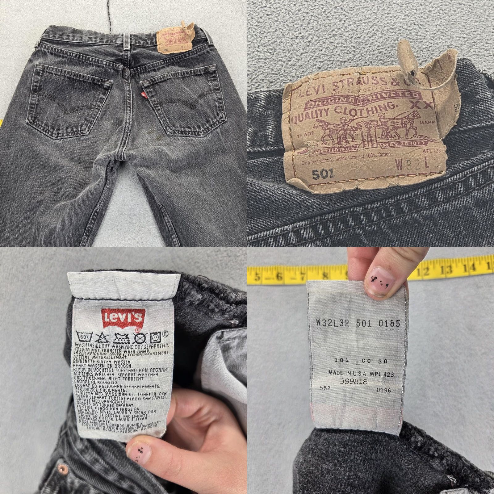 Levi's VTG Levi's 501 Jeans Mens Black Straight Button Fly 27x28 United States Distressed Pockets Denim Cotton Charcoal Wash 27x28 Mens Vintage 501 Jeans Size US 27 - 10 Thumbnail