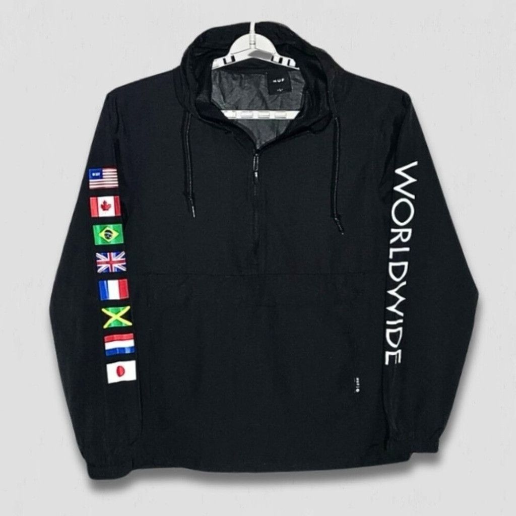 Huf HUF Jacket Flags Half-Zip Hooded Windbreaker Black Large Size US L / EU 52-54 / 3 - 3 Thumbnail