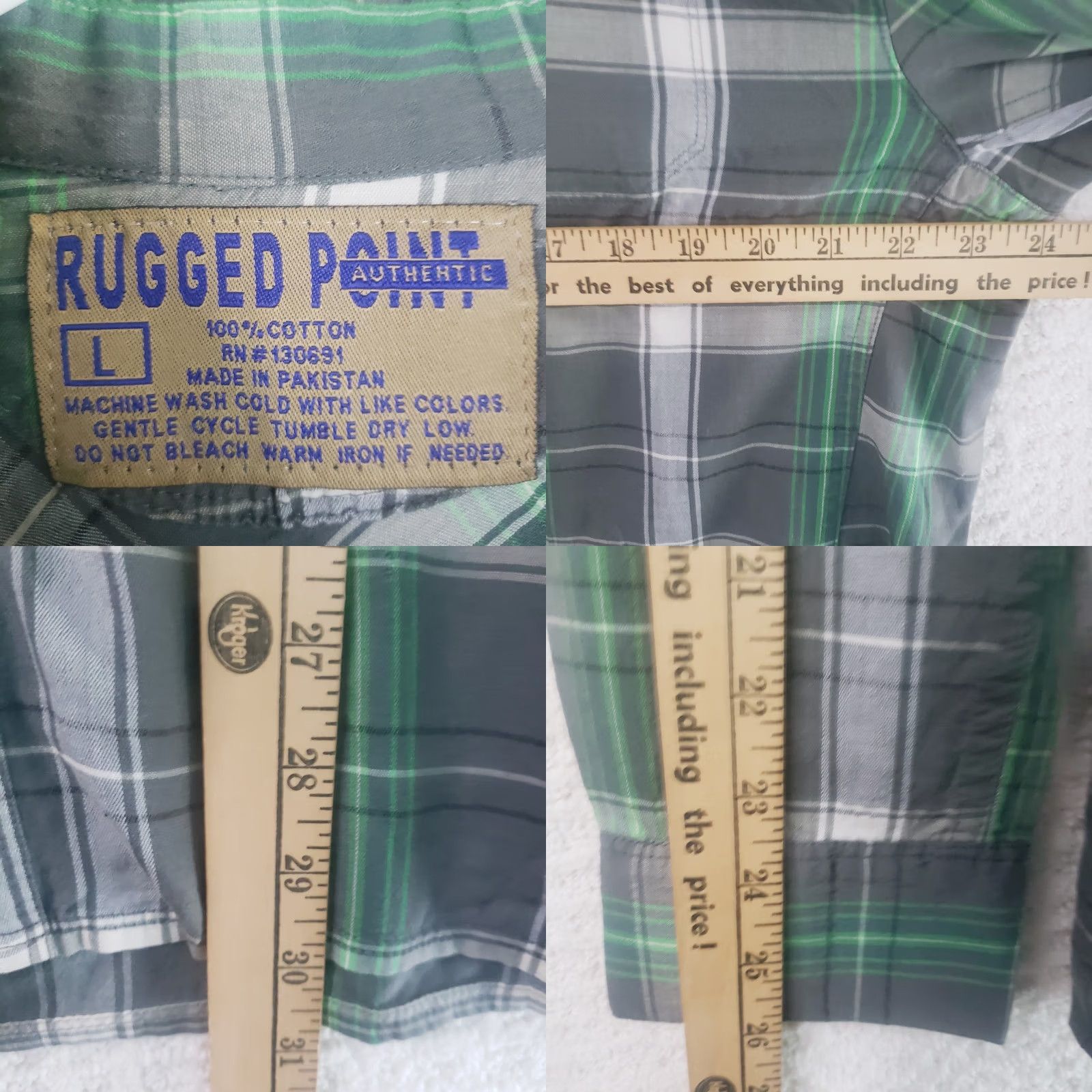 Vintage Rugged Point Button Down Shirt Mens L Green Gray Plaid Twill Zip Pocket Snap Button Size US L / EU 52-54 / 3 - 9 Thumbnail