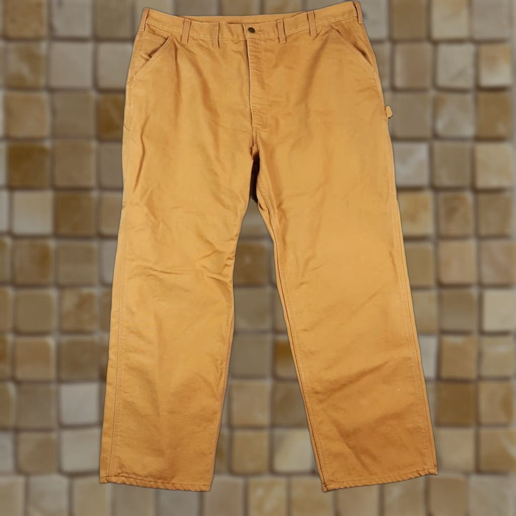VINTAGE Carhartt Pants Duck Canvas Flannel Lined 44x32 Carpenter Workwear Brown Cotton 5-Pocket Mens Regular Straight 90s Grunge Retro Casual Workwear