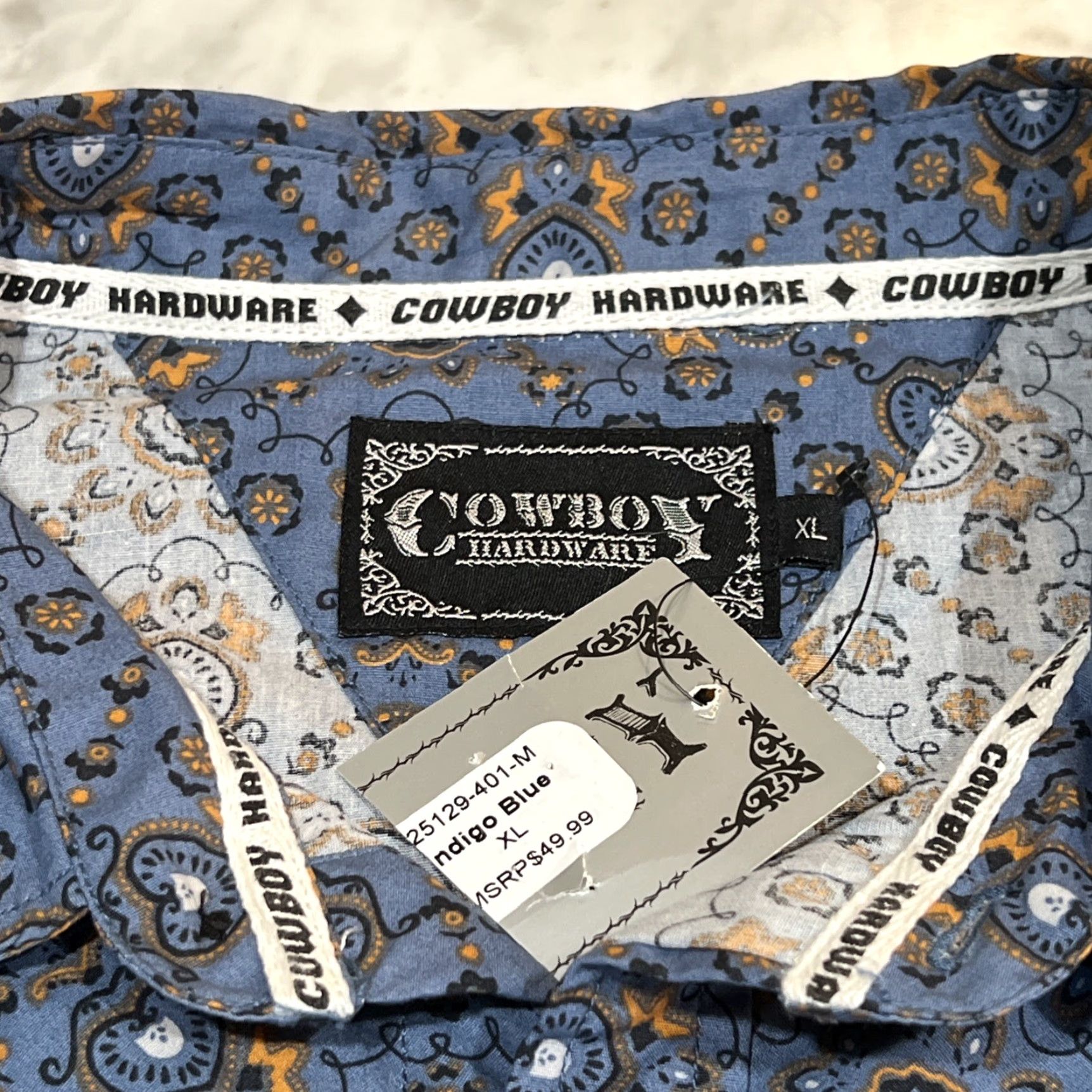 Vintage Cowboy Hardware Pearl Snap Short Men's XL Bandana Print Indigo Long Sleeve NWT Shirt Mens Size US XL / EU 56 / 4 - 4 Thumbnail