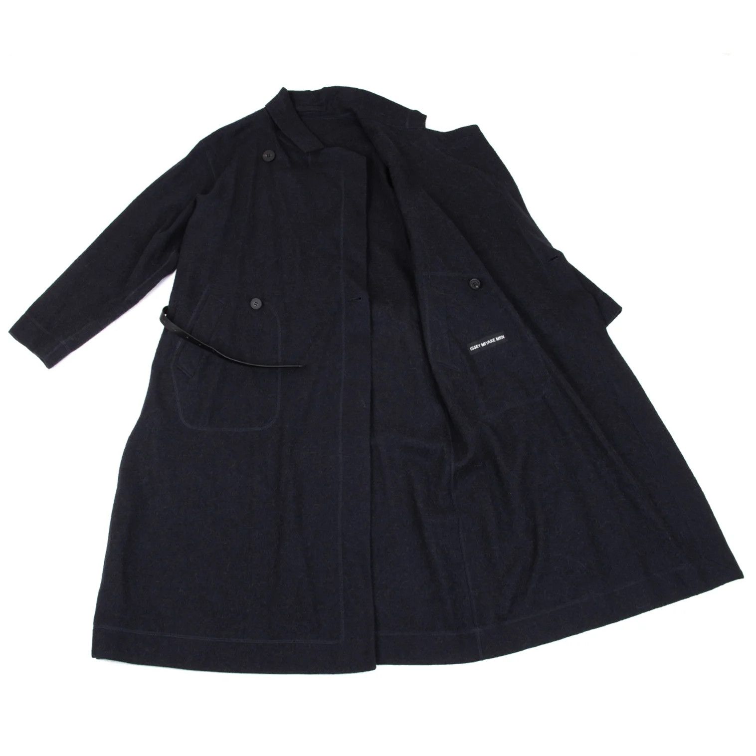 Issey Miyake Alpaca Wool Leather Belted Long Gown Coat in Navy Size US M / EU 48-50 / 2 - 12 Thumbnail