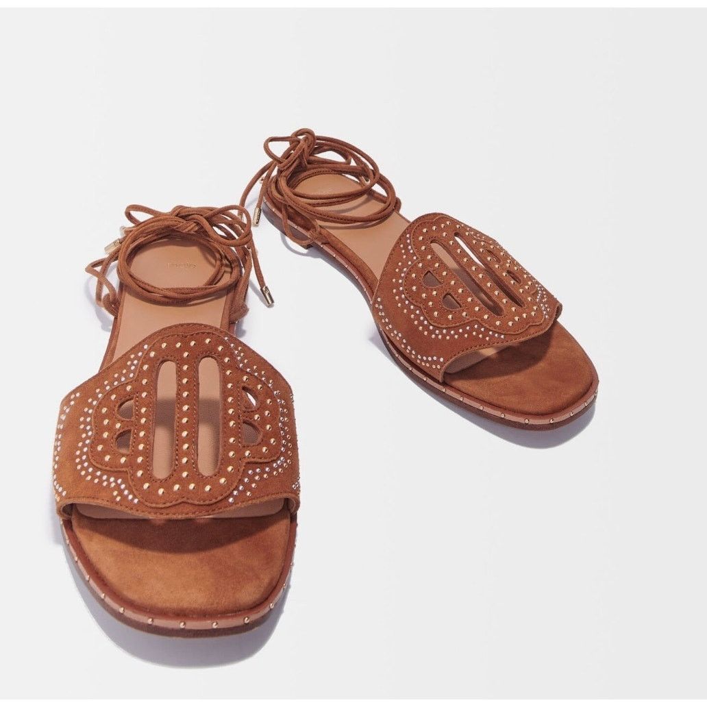 Maje NEW MAJE Flat Studded Lace Up Sandals Camel size 40 / 9.5 Size US 9.5 / IT 39.5 - 1 Thumbnail