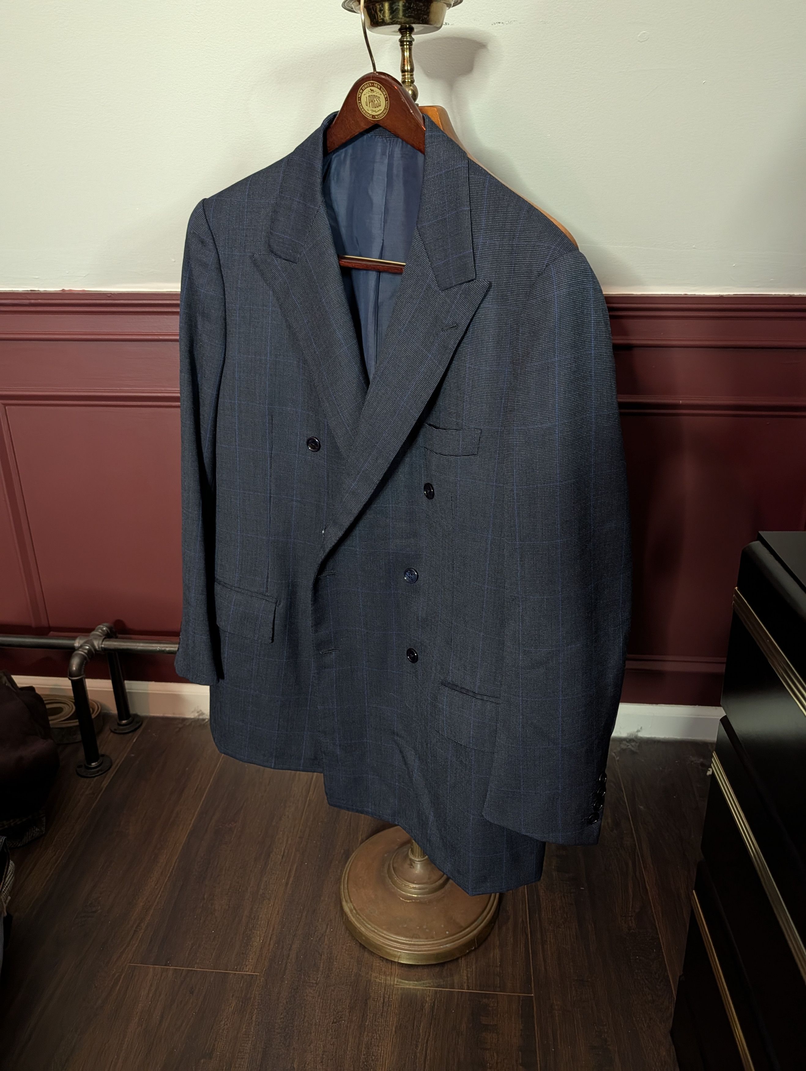 Bespoken NAURA Paris bespoke navy check double breasted jacket Size 44R - 13 Thumbnail