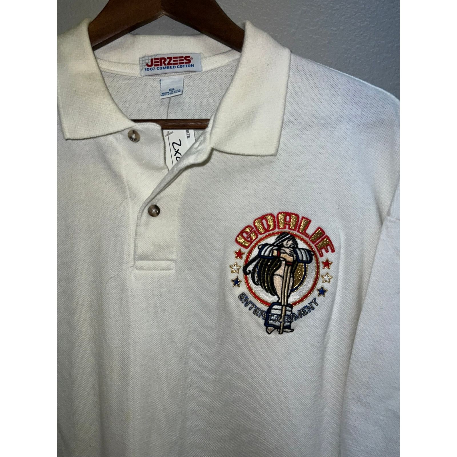 Jerzees Vintage Goalie Entertainment Polo Shirt White Top VTG 90s 2X Size US XXL / EU 58 / 5 - 2 Thumbnail