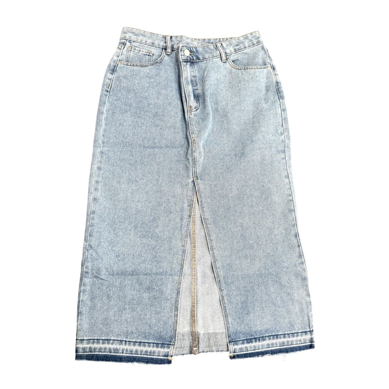 Shein Women's Asymmetrical Midi Raw Hem Jean Skirt in Blue, Size L Size 34" / US 12 / IT 48 - 1 Thumbnail