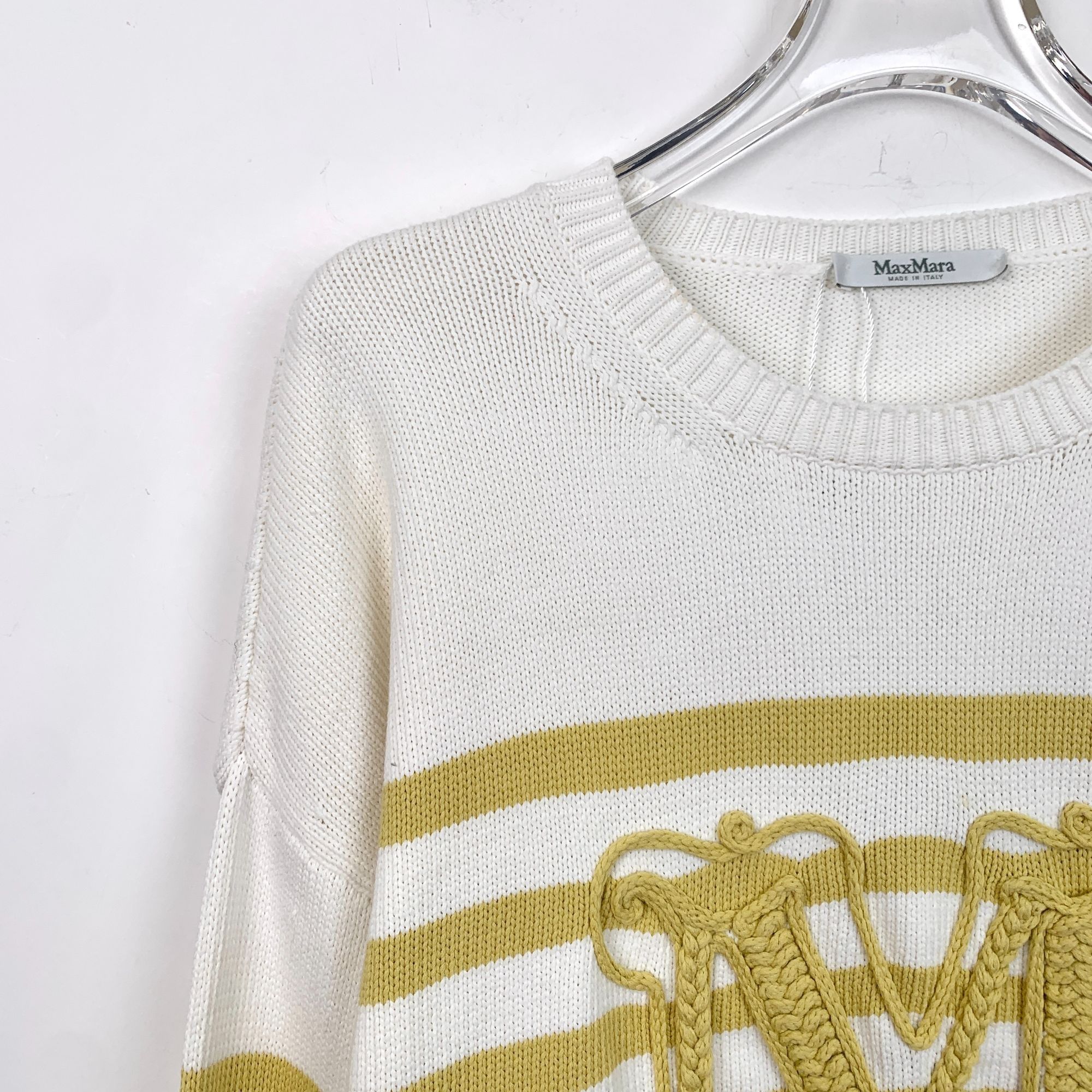 Max Mara MaxMara White & Yellow Striped Cotton Blend Sweater With Emb Size L / US 10 / IT 46 - 7 Thumbnail