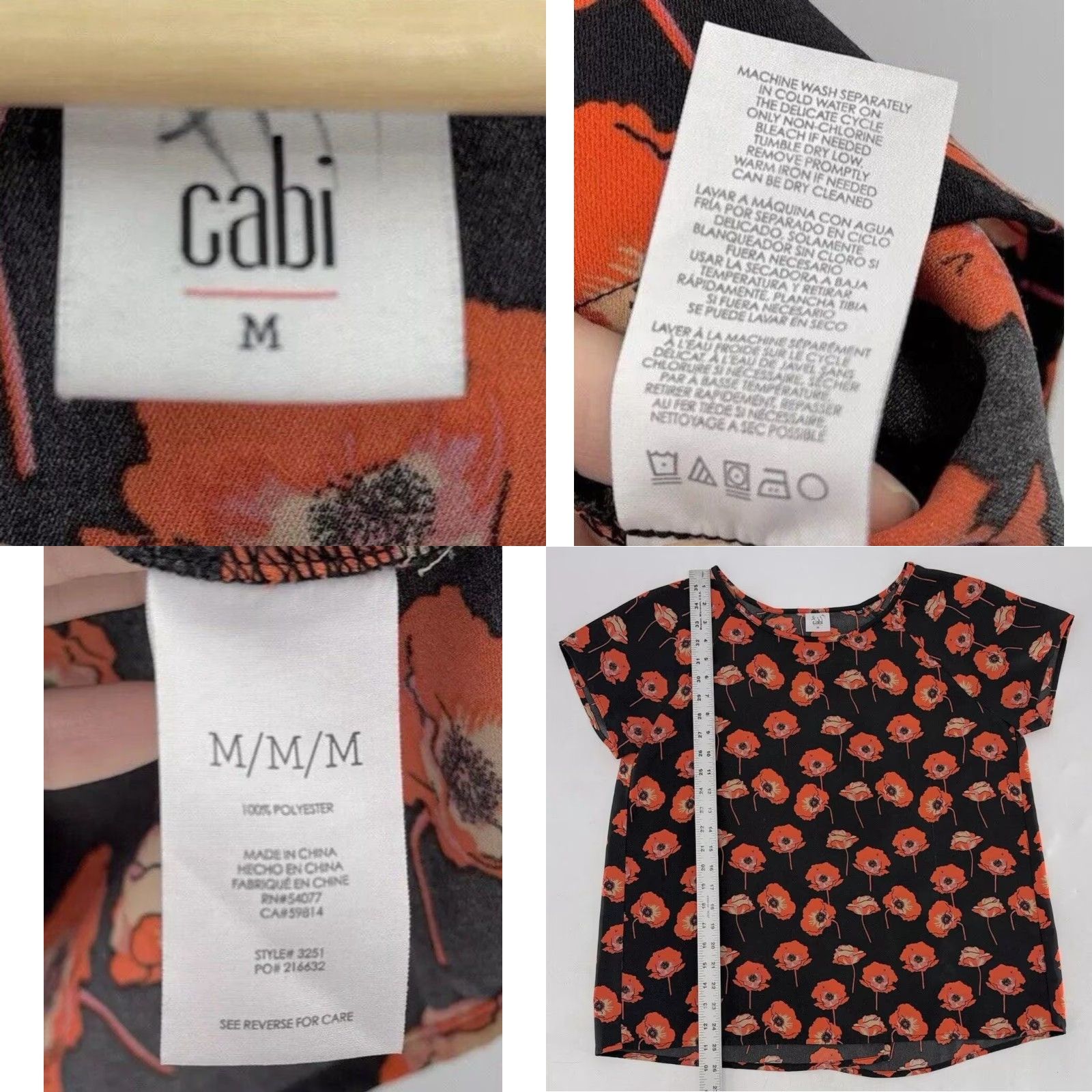 Vintage CAbi Flanders Poppy Blouse Black Red Short Sleeve Split Back Size M Floral Size M / US 6-8 / IT 42-44 - 8 Thumbnail